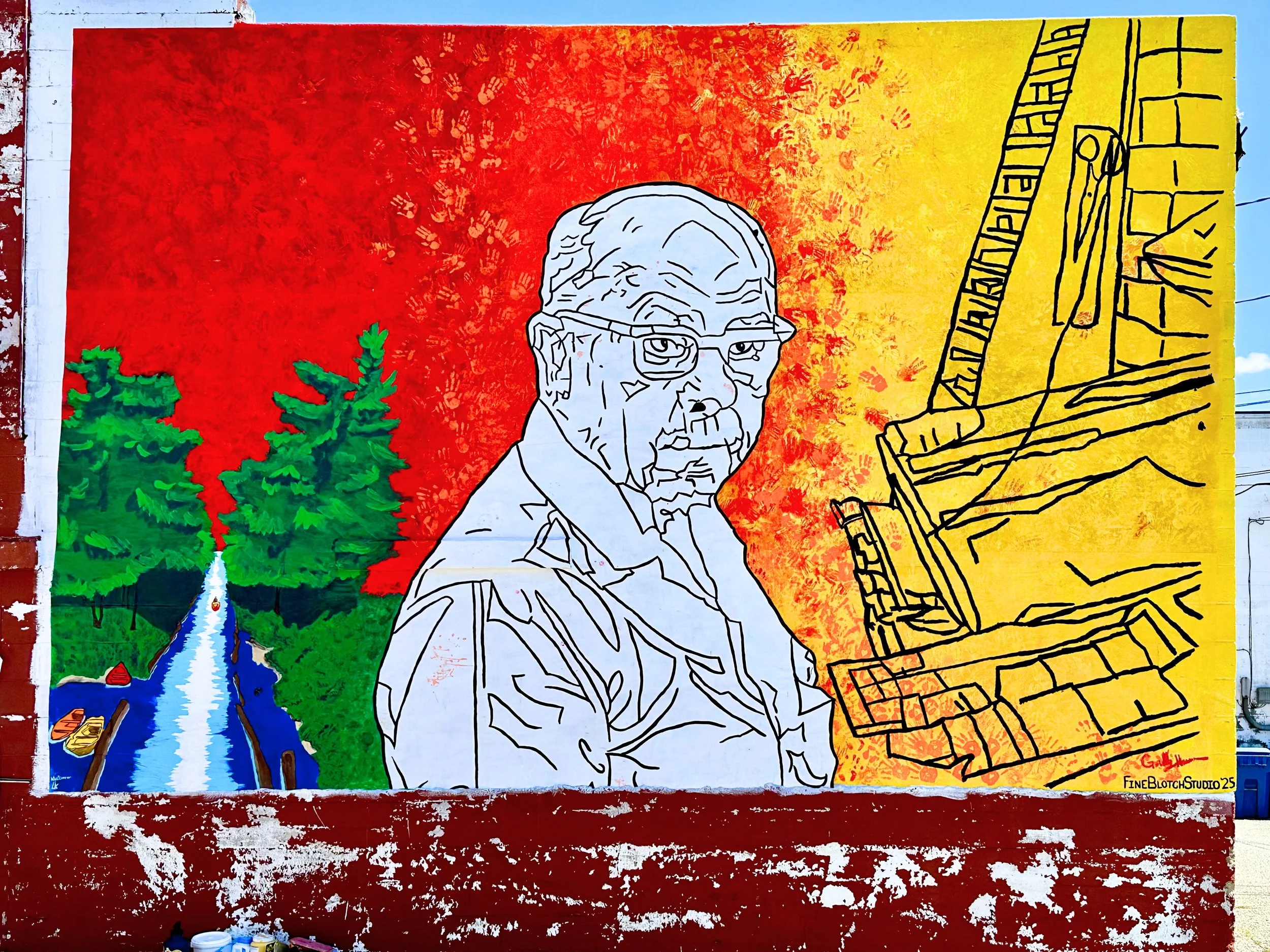 Colorful mural featuring a line drawing of Marion Nye, a forested landscape with a waterway and trees on the left, and architectural blueprints or building outlines on the right, with a yellow and red textured background.