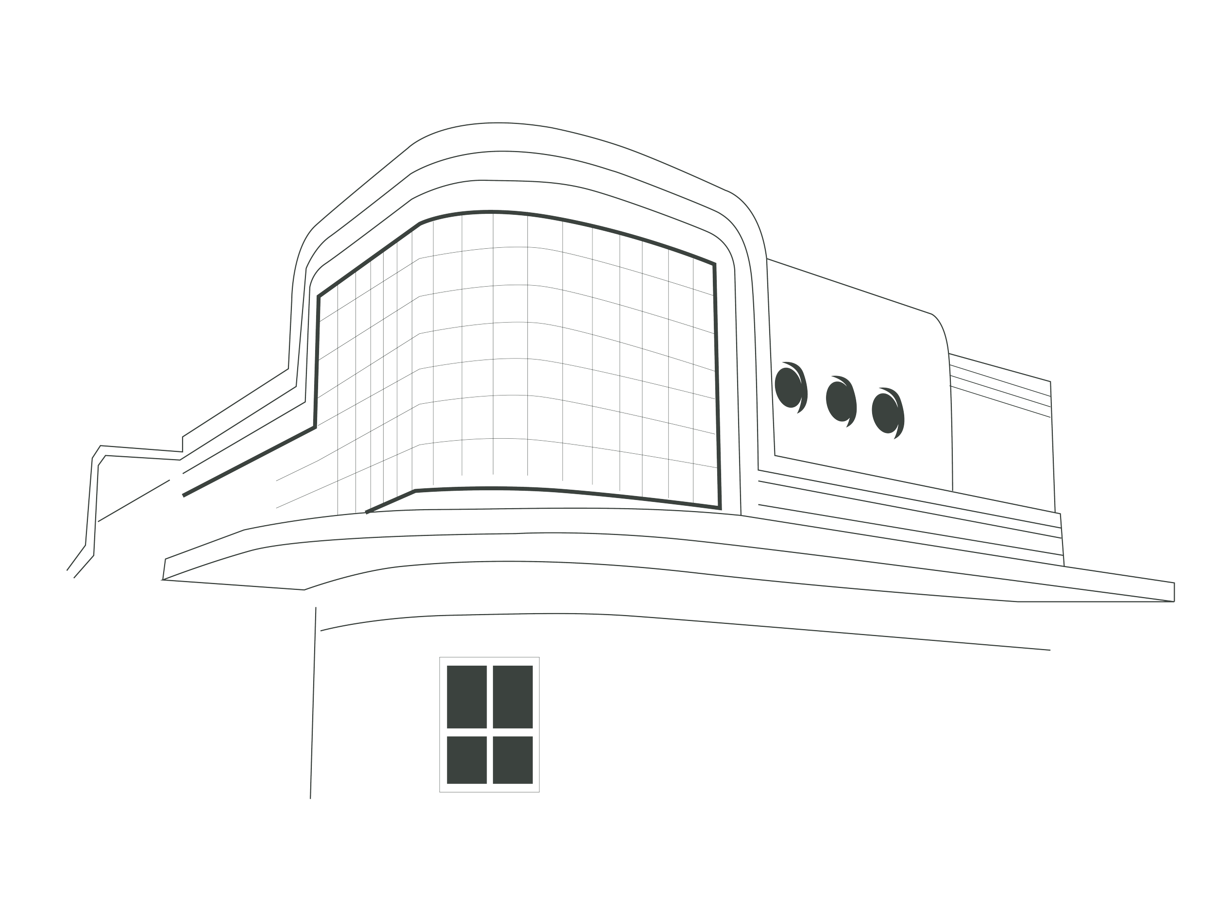 A line graphic of the New Lambton Community centre with curved awning