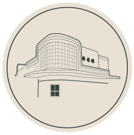 New Lambton Electrical - Line drawing of a building with a curved facade and a flat roof, featuring windows on the lower and upper levels.