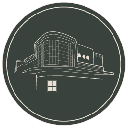 Architectural line drawing of a modern building with curved and rectangular sections, on a dark background.