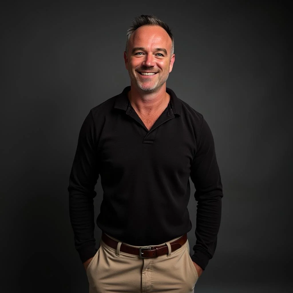 New Lambton Electrical - A smiling man wearing a black long-sleeve shirt and beige pants, standing against a dark gray background.