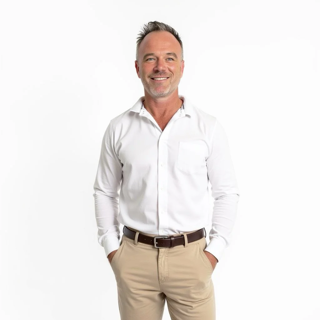 New Lambton Electrical - A middle-aged man with short, dark hair, smiling, wearing a white dress shirt with beige pants, standing against a plain white background.