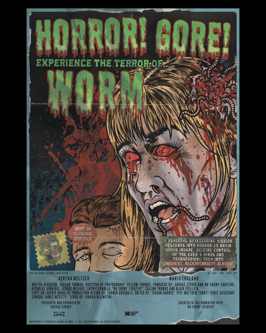 Horrific movie poster for horror film featuring a screaming woman with blood and worms on her face, and another partially visible person with blood on her face, titled 'HORROR! GORE! EXPERIENCE THE TERROR OF HORROR'.