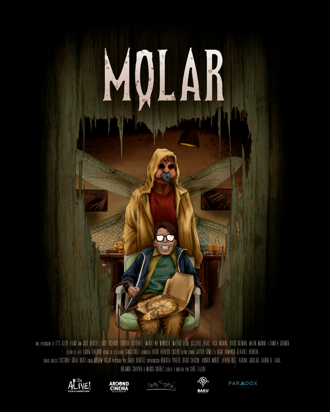 A horror movie poster depicts a person in a wheelchair holding a pizza with a dragonfly behind them. An ominous figure with a dog mask and wings stands behind, in a dark, eerie room with a wooden wall, dripping walls, and hanging light.