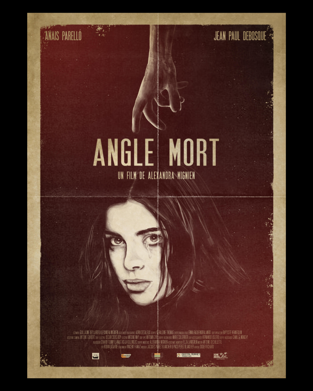 Movie poster for 'Angle Mort' featuring a woman's face with tears and a hand pointing down from above.