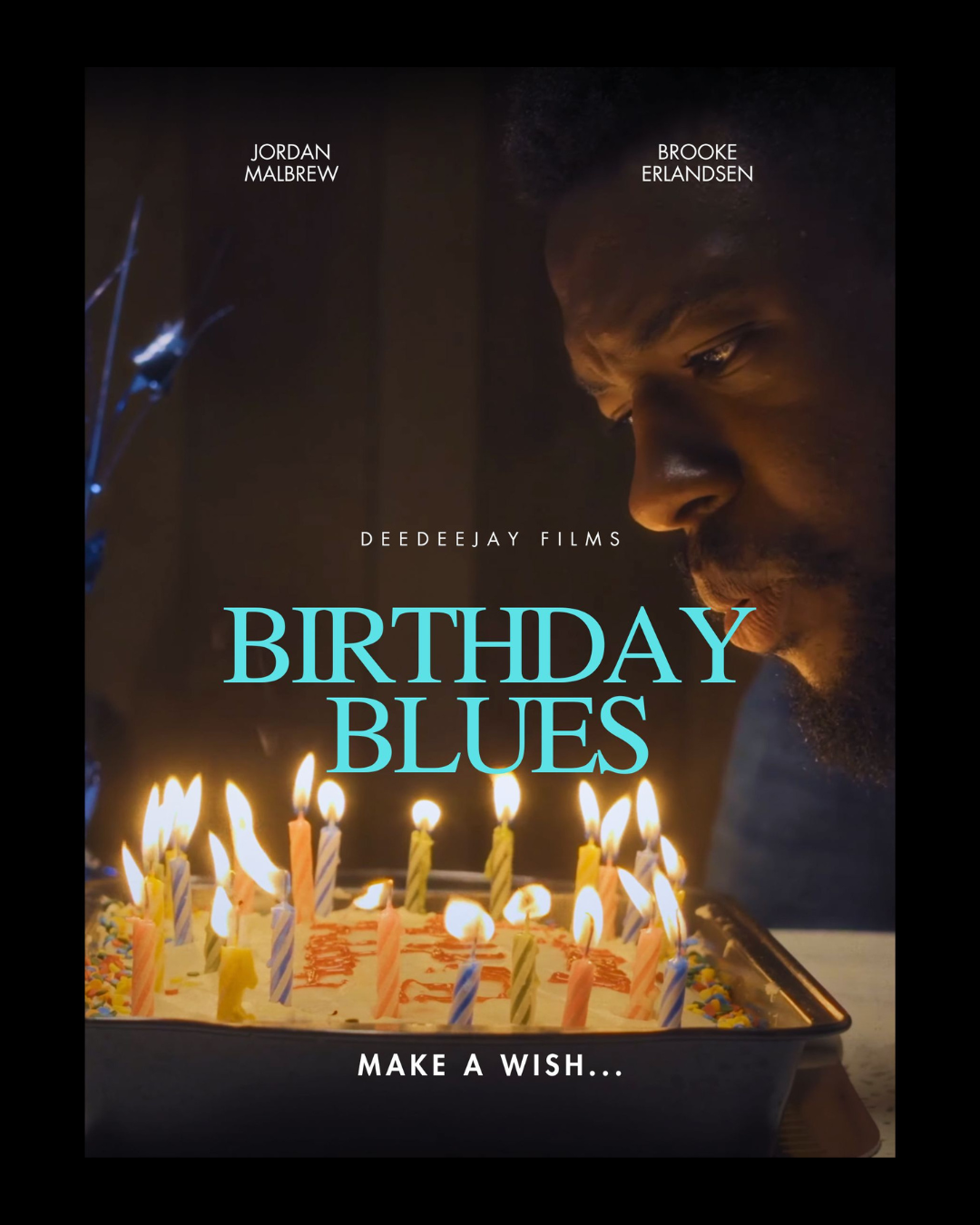 A man with a serious expression looking at a birthday cake with lit candles, with the title 'Birthday Blues' and the tagline 'Make a Wish...' on the poster.