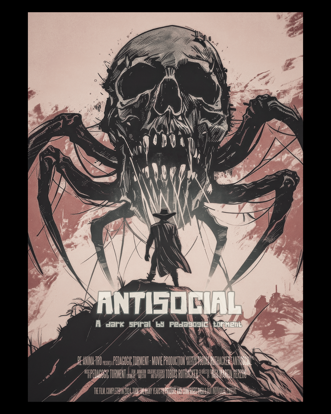 A dark, stylized comic book cover featuring a huge skull with spider-like legs behind a lone cowboy figure standing on a hill. The title "ANTISOCIAL" is displayed prominently in bold white letters, with the subtitle "A dark spiral by Pedagogic Torment" below it. Additional text notes the film was completed in 2012.
