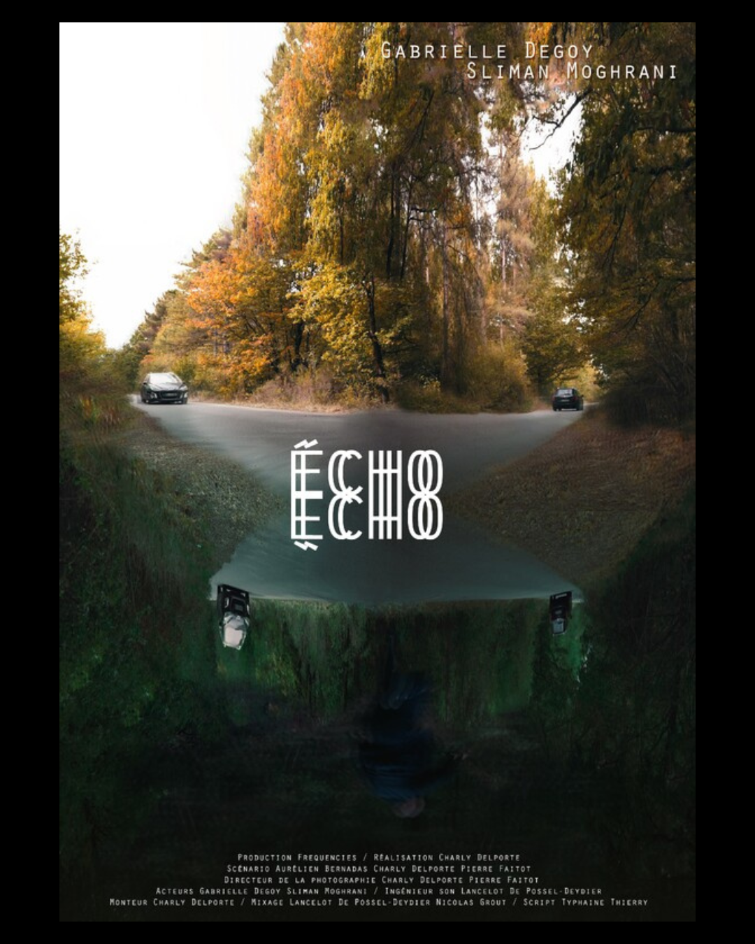 A road diverging into two paths surrounded by trees with autumn foliage, with cars on each route; the image is mirrored with text and a person reflected at the bottom.