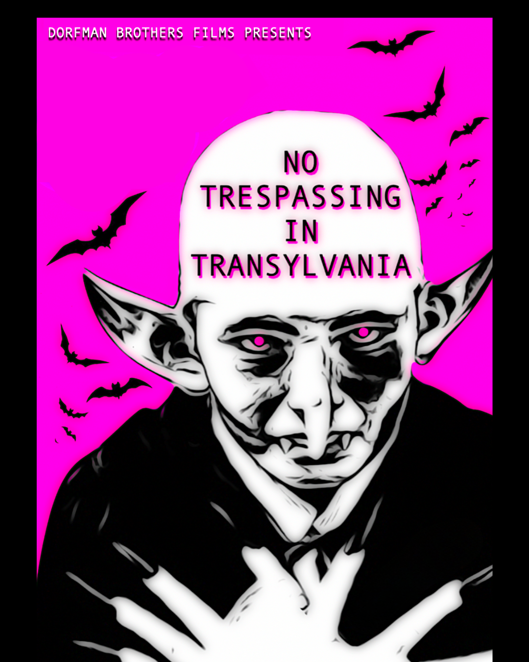 Digital artwork of a vampire with pointed ears, pale face, black eye makeup, and glowing eyes, set against a pink background with flying bats, and a speech bubble reading "No Trespassing in Transylvania".