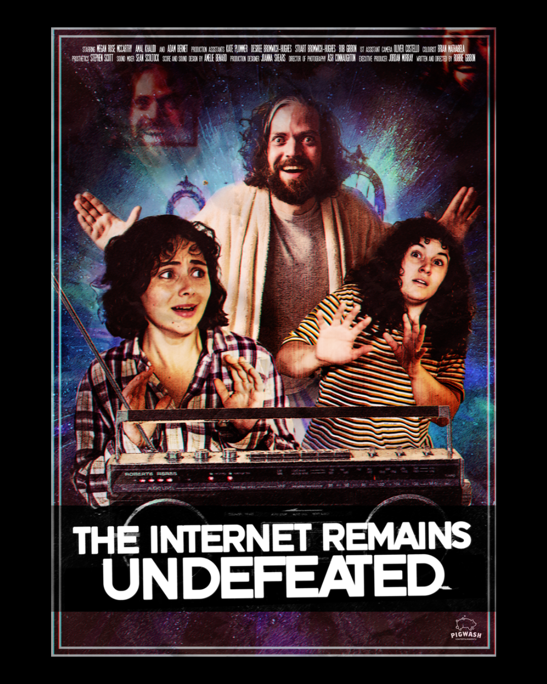 A poster for a movie titled "The Internet Remains Undefeated" features three people with surprised expressions, a man with long hair and beard in the center, a woman with curly hair wearing a plaid shirt on the left, and another woman with curly hair in a striped shirt on the right. The background has a cosmic, galaxy-like scene with vibrant colors and a faint, larger face of the man in the upper left corner.