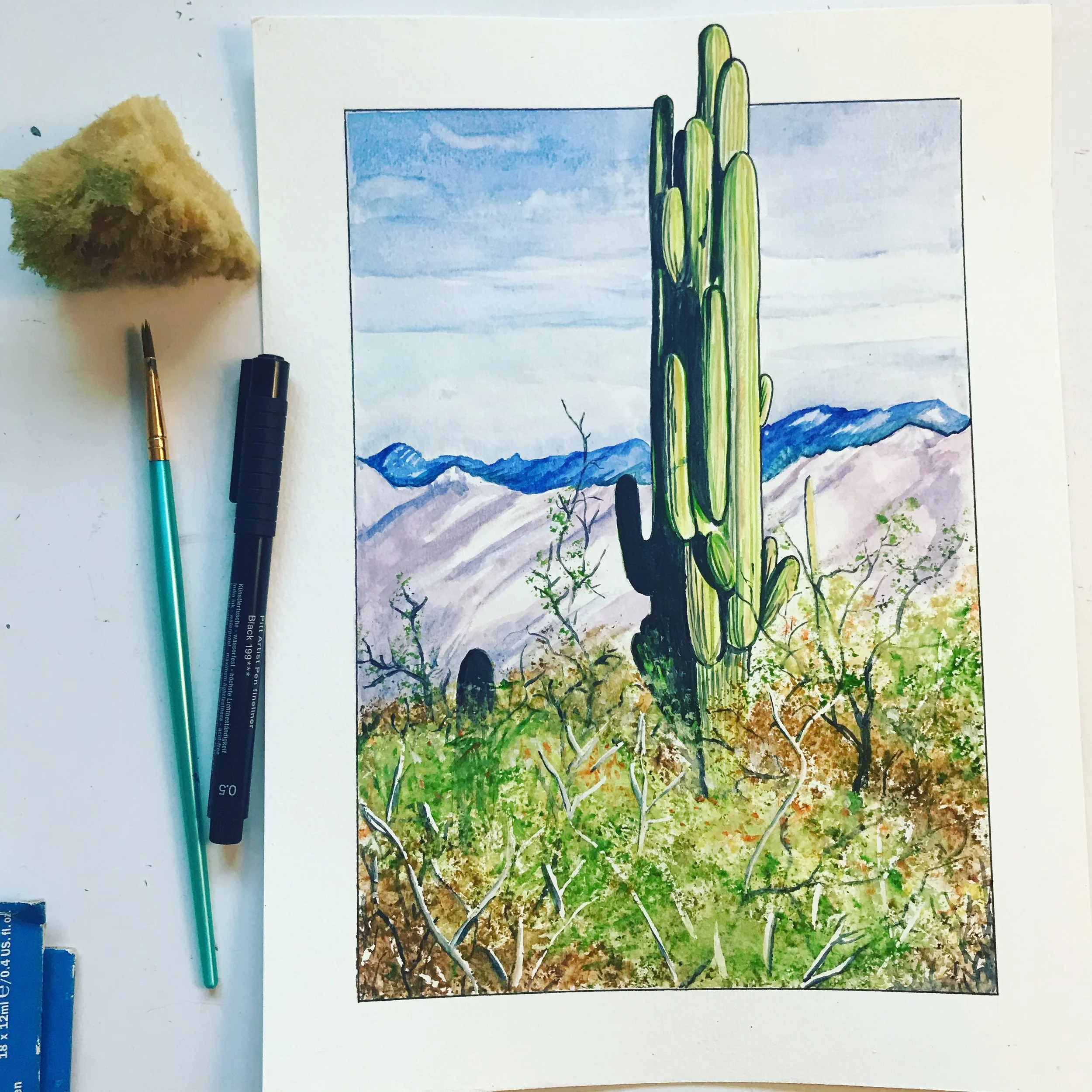 Watercolor painting of a desert landscape featuring a tall saguaro cactus, mountains in the background, and sparse desert vegetation.