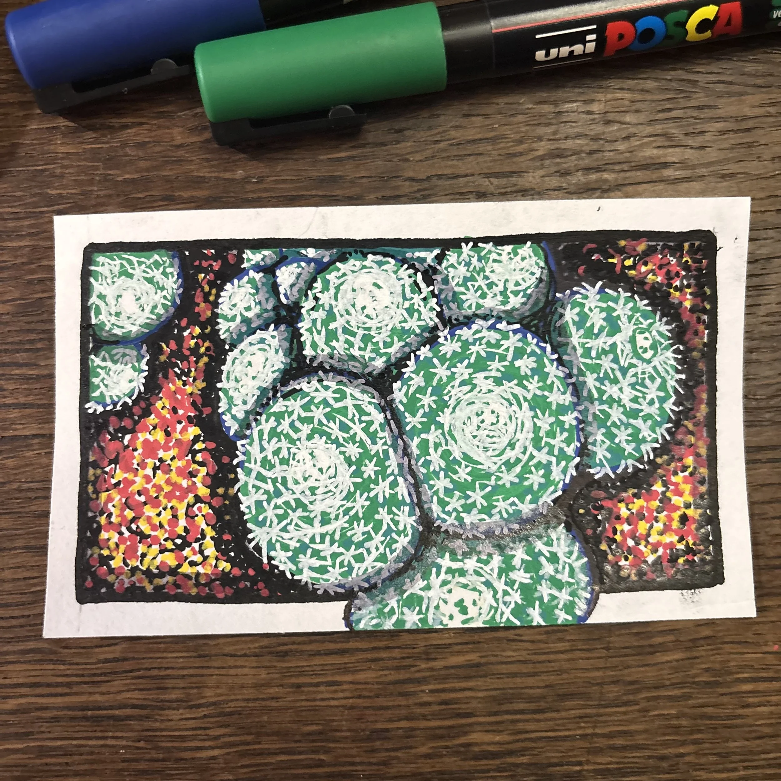 Colorful abstract drawing of cactus plants with green and white spines on a black background, surrounded by red, yellow, and pink dotted patterns.