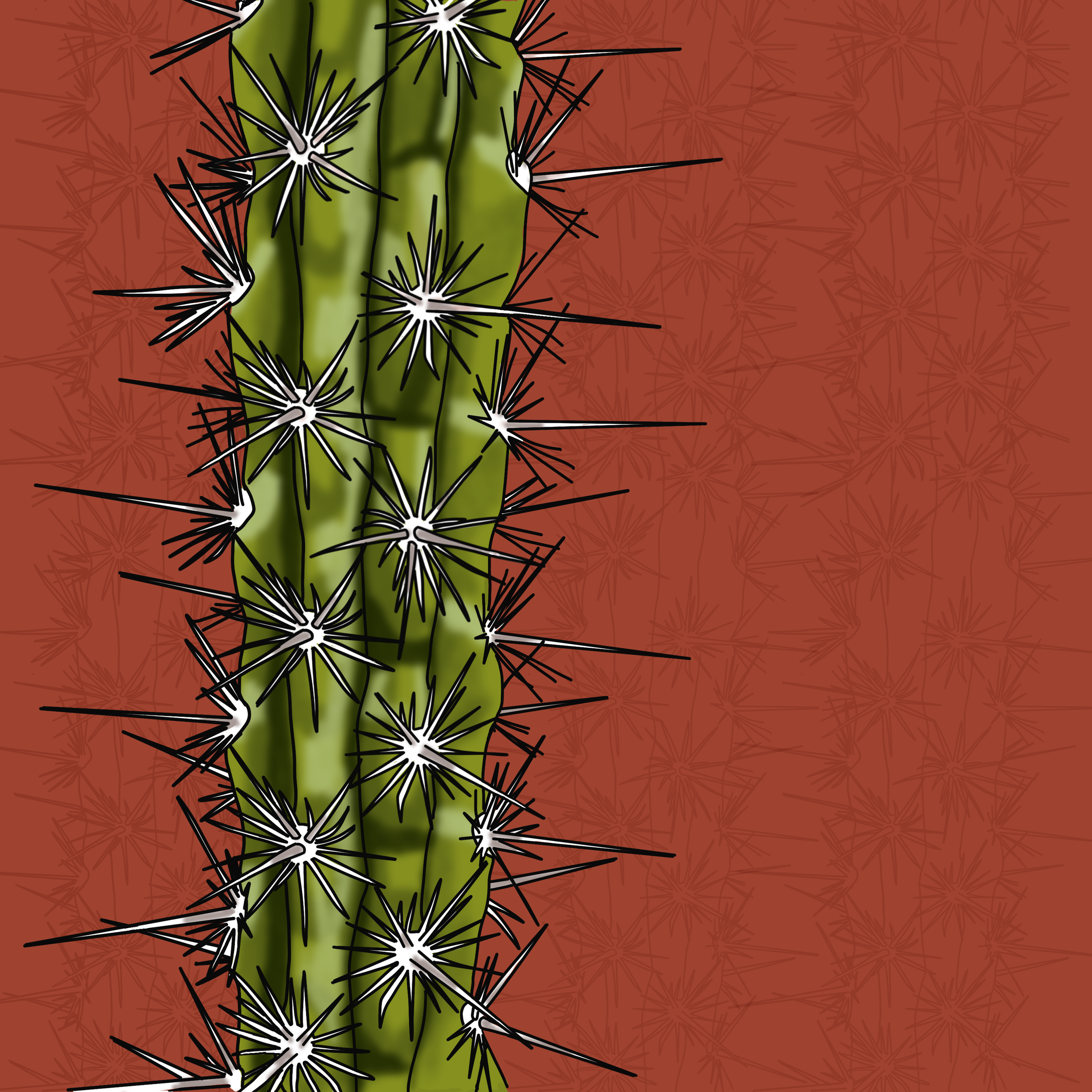Close-up digital illustration of a green cactus with sharp white and black spines, set against a rusty red background with a pattern of faint cactus shapes.