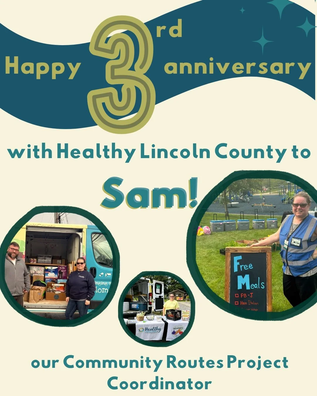 Happy 3 Years at Healthy Lincoln County to Sam! Sam is our Community Routes Project Coordinator, and she spends her days weaving a tight-knit web of community members and resources so that all of our neighbors can access respectful, confidential supp