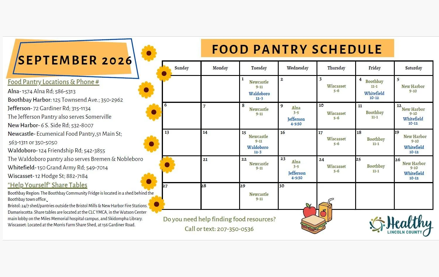 What?! It's September?!!?! 
Thank you, Lincoln County Pantries, for your hard work all year round. 💙

🥦🧃🥚🍎🧅🧀🍞🫜