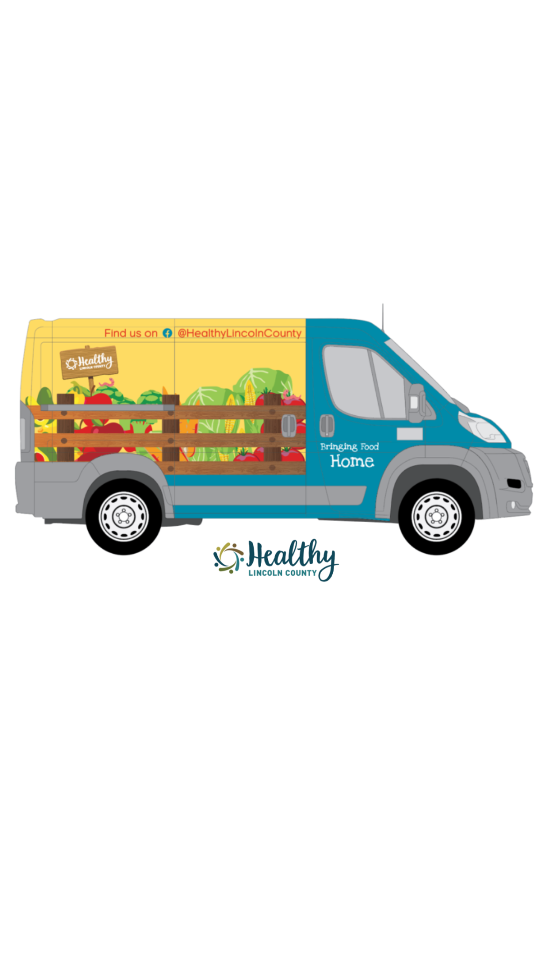Illustration of a food truck with colorful produce graphics, the logo of Healthy Lincoln County, and social media information for Healthy Lincoln County.