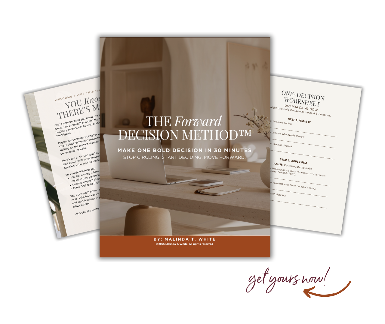 Cover page for the "Forward Decision Method" guide, featuring a minimalist workspace with a laptop, notebooks, and a vase with flowers, and additional pages for decision-making worksheets and instructions.