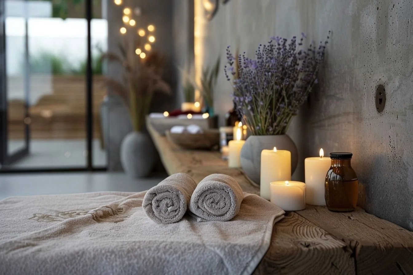 Spa or massage room with rolled towels, candles, and flower arrangements on a wooden table against a concrete wall.