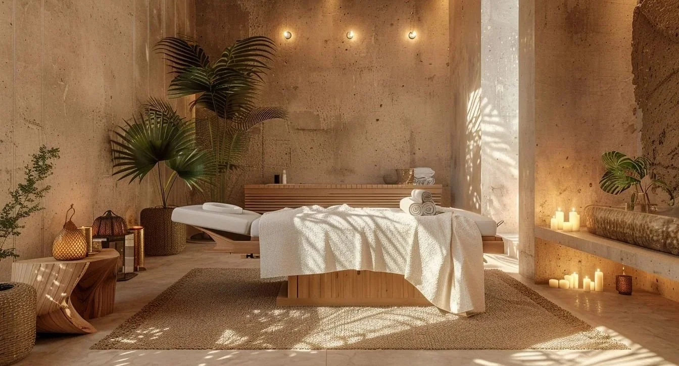 A spa room with a massage table covered in a white towel, surrounded by plants, candles, and warm lighting.