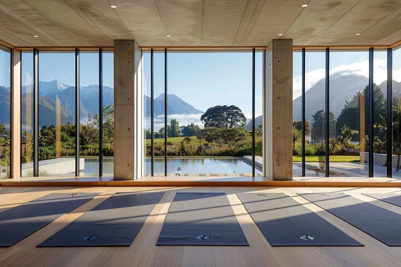Yoga mats arranged on a wooden floor inside a modern studio with floor-to-ceiling windows overlooking mountains and greenery.