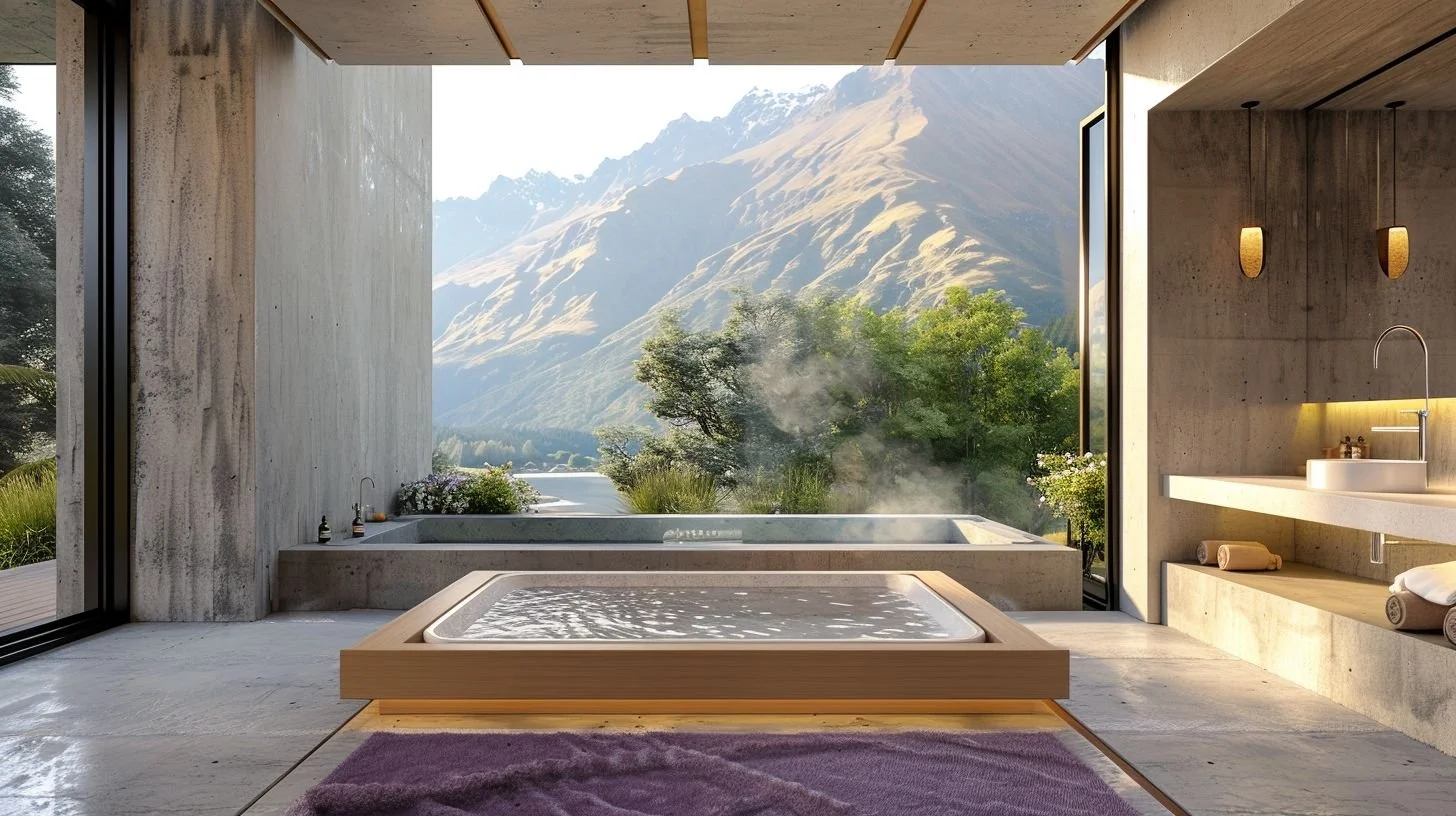 Modern indoor bathroom with a whirlpool tub, open to scenic mountain view, concrete walls, and a sink area with towels and lighting.