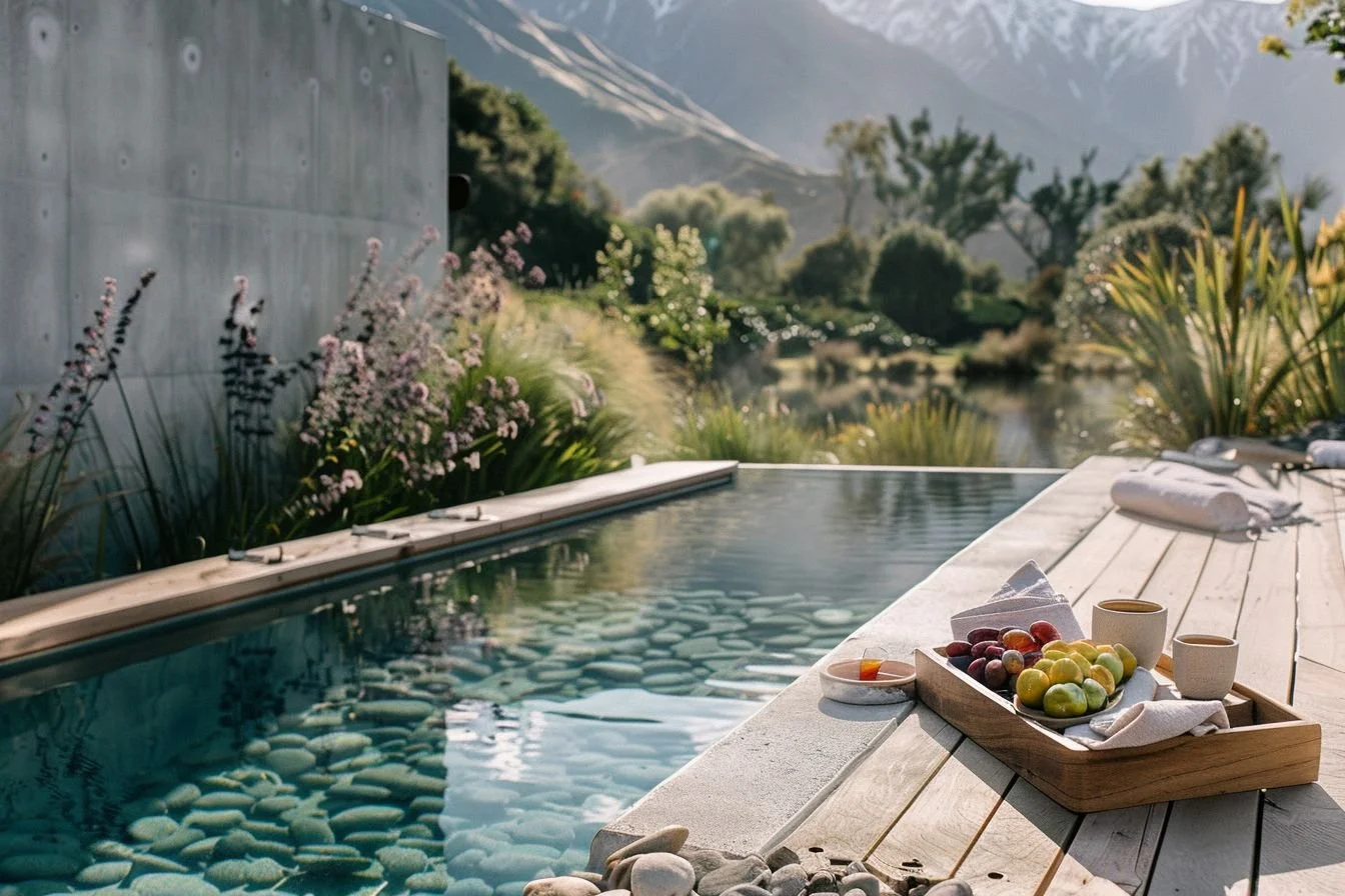 A serene outdoor scene with a small pool or hot tub filled with water and smooth stones at the bottom. There are two cups and a wooden tray with fresh fruit, including grapes and apples, placed on a wooden deck. In the background, there's lush greenery, flowering plants, and mountains under a partly cloudy sky, suggesting a peaceful, natural setting.