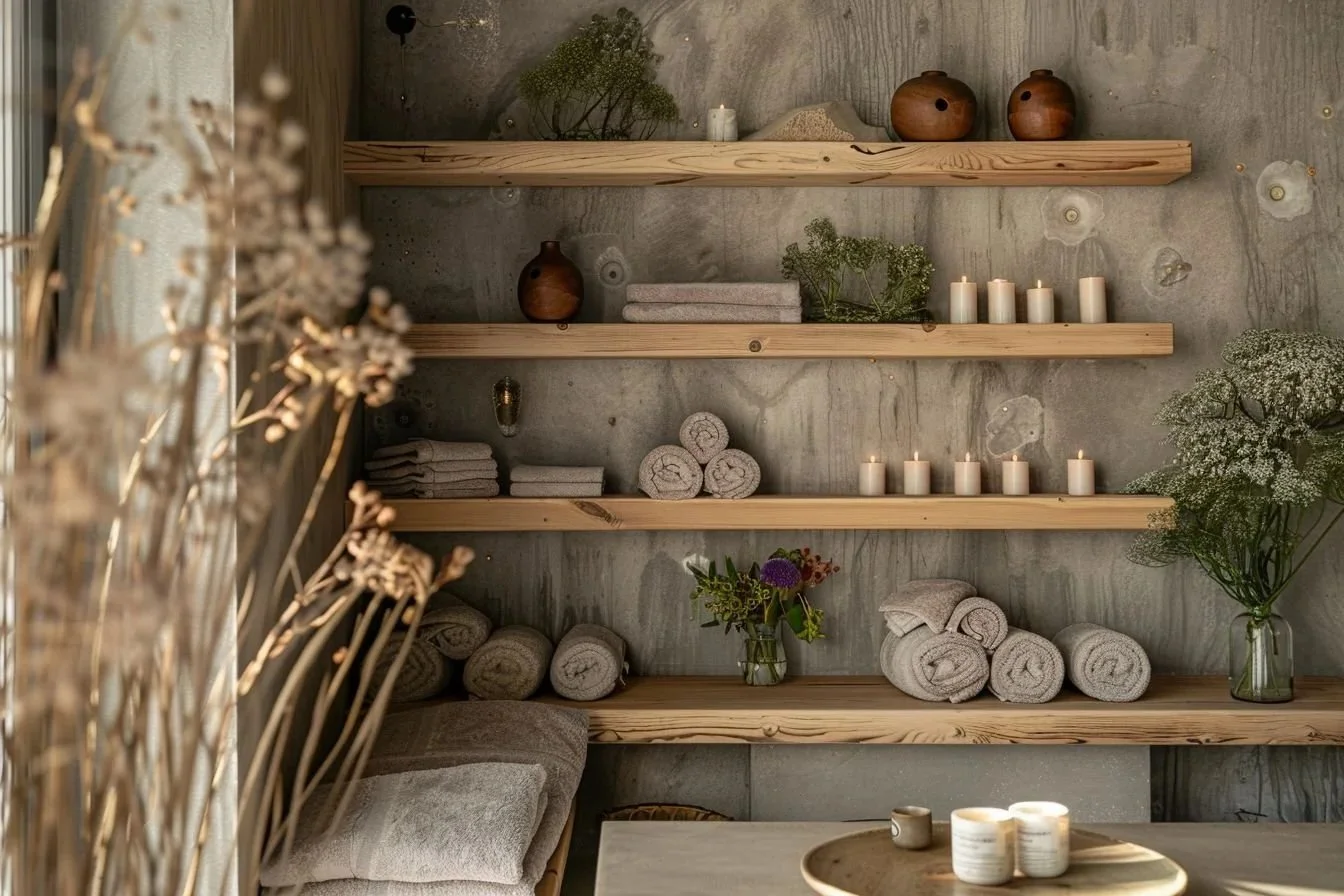 Shelves on a gray wall with candles, towels, pottery, and plants, creating a cozy spa or bathroom setting.