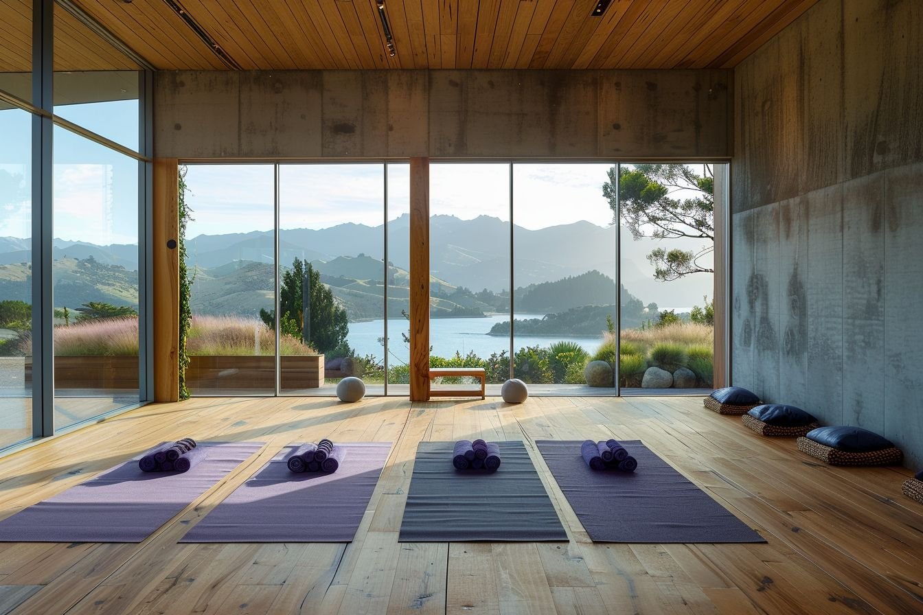 An interior view of a yoga studio with four purple yoga mats, each with rolled towels, and four meditation cushions with blue covers lined up along a concrete wall. Large glass windows reveal a mountain and lake landscape outside.