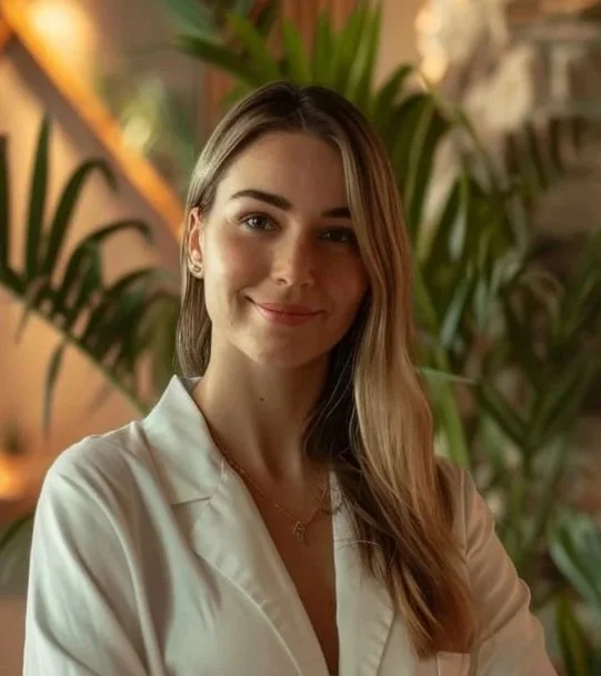 A young woman with long, light brown hair and a white blazer standing indoors with green plants in the background.