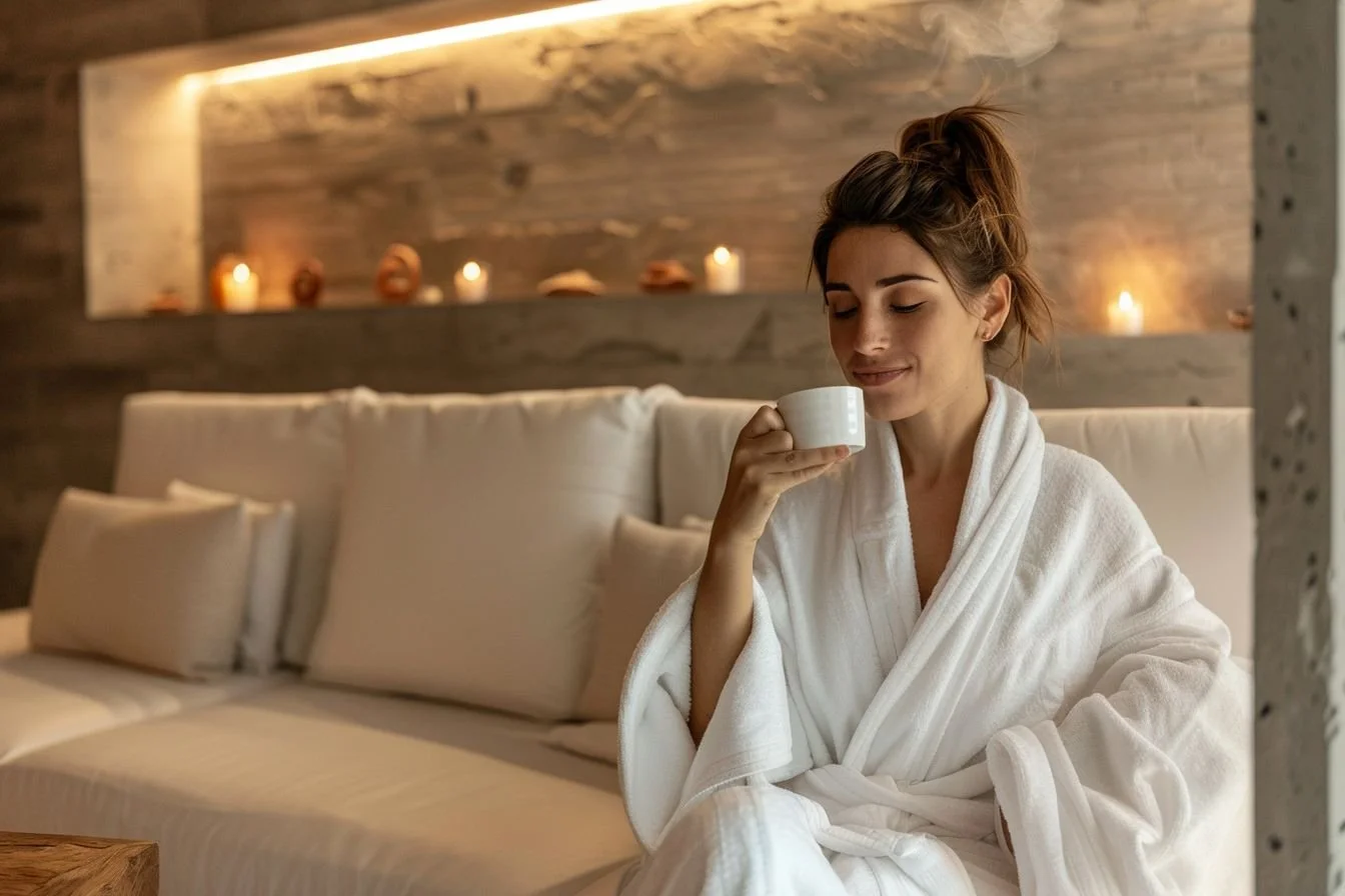A young woman in a white bathrobe relaxing with a cup of coffee or tea in a cozy, softly lit spa or lounge area with candles and wooden decor.