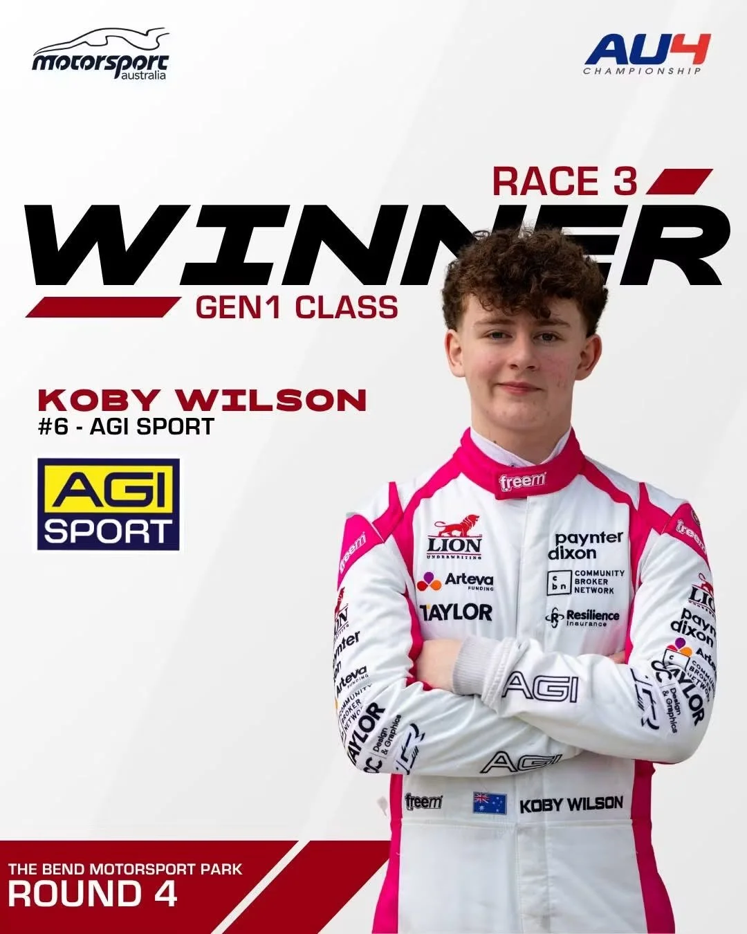 Winner announcement poster featuring young race car driver Koby Wilson in racing suit at The Bend Motorsport Park, celebrating round 4 of AU4 Championship, race 3, Gen 1 class.