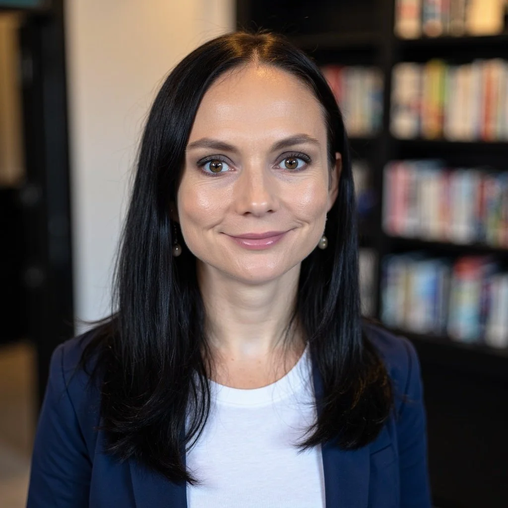 A woman with long black hair, wearing a dark blazer and white top, smiling in front of a bookshelf filled with colorful books.