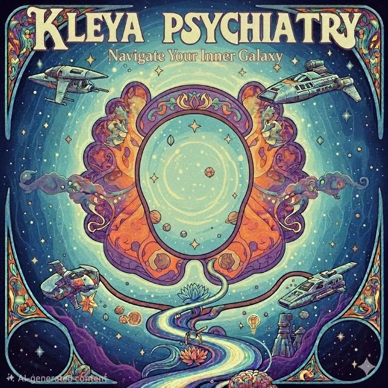 Colorful illustration with a space and psychedelic theme, featuring spacecraft flying around a large, central brain-like shape with cosmic and planetary elements. Text reads 'KLEYA PSYCHIATRY' and 'Navigate Your Inner Galaxy'.