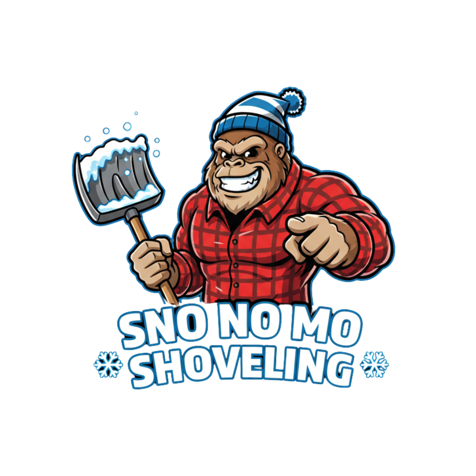 A cartoon of a muscular gorilla wearing a blue winter hat with a pom-pom and a red plaid shirt, holding a snow-covered snow shovel, pointing forward with one hand, with the text "SNO NO MO SHOVELING" and snowflake icons below.