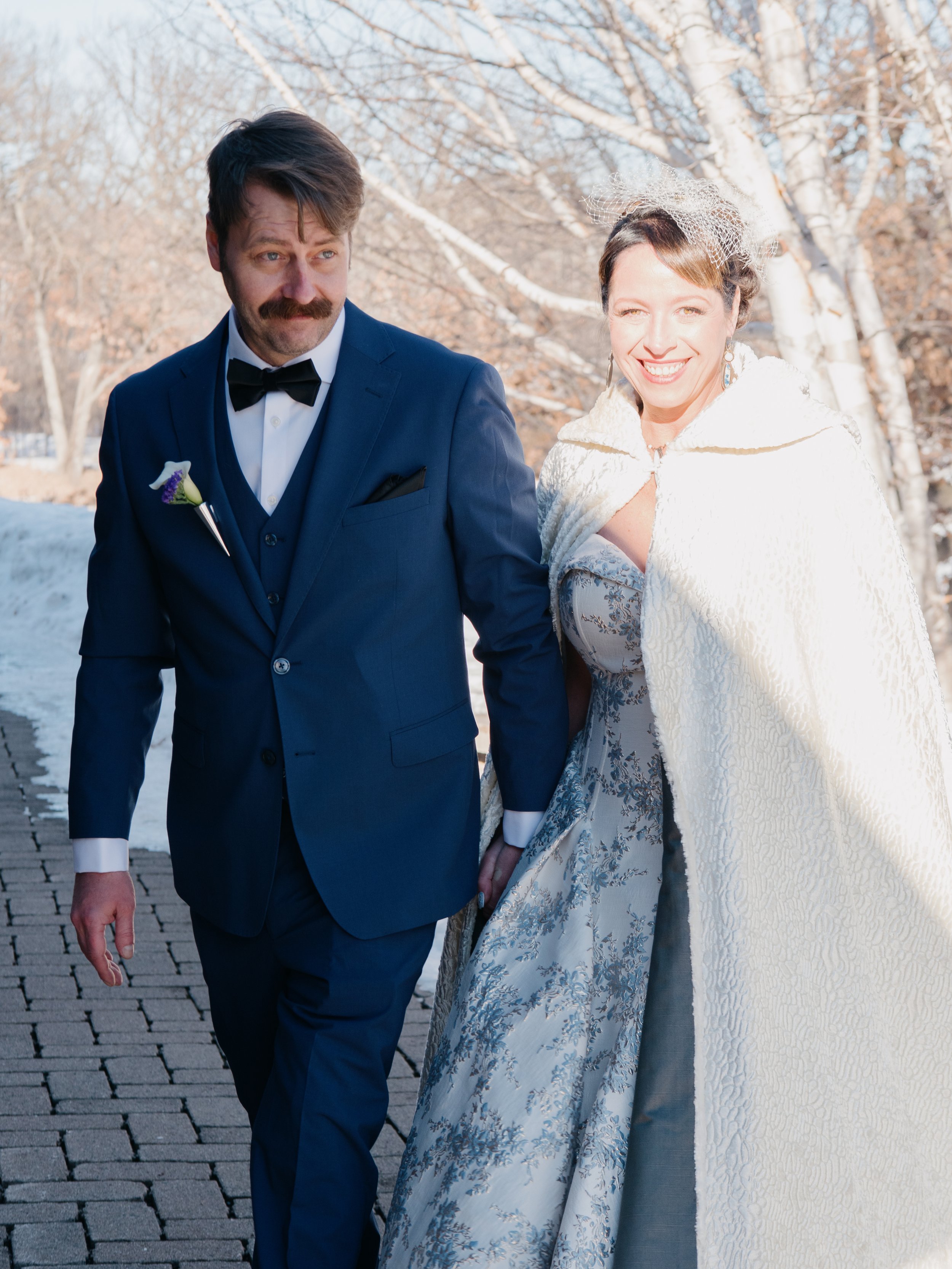 Romantic couple portrait of Hamil and Vanessa in winter light at Silverwood Park, Minneapolis — classic wedding photography