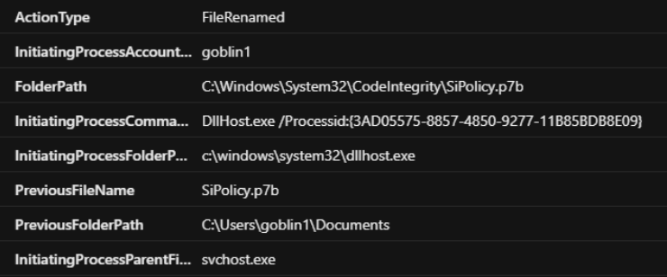 Screenshot of a Windows directory with details about a file named 'SiPolicy.p7b', including file paths, process names, and previous file information.