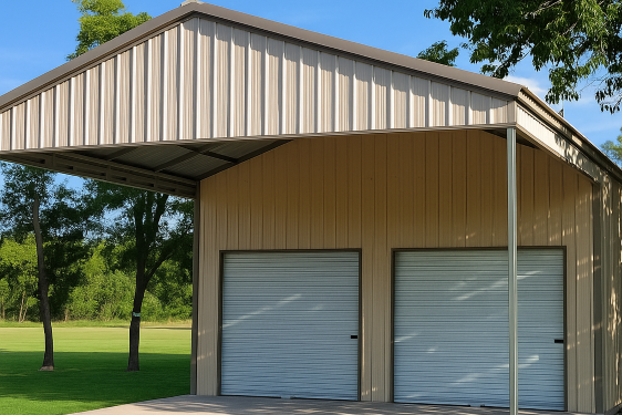 Metal storage building with two garage doors and a large overhang