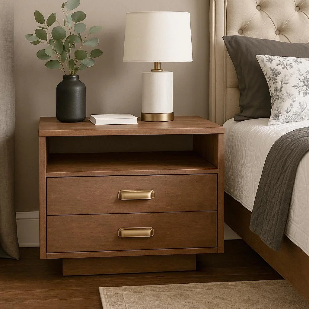 A wooden nightstand with two drawers and gold handles, placed beside a bed with a beige padded headboard. On top of the nightstand is a black vase with green eucalyptus leaves, a white book, and a white table lamp with a gold accent. The bed has whit