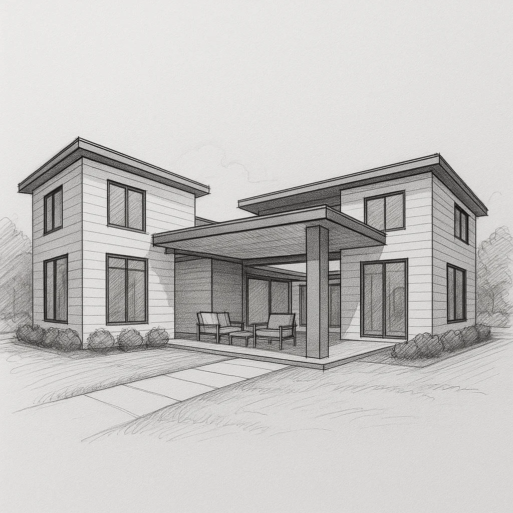 Sketch of a modern, two-story house with large windows and a covered patio area with outdoor furniture. Camp Renovation and Design in Columbus, Ohio.