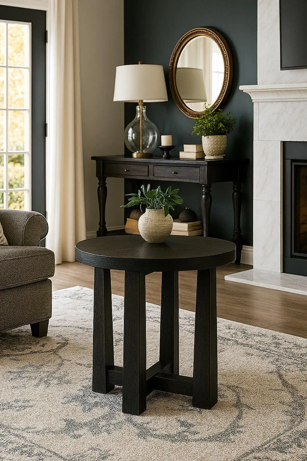 A living room with a black round side table with a potted plant, a dark wood console table behind it with a large lamp, mirror, candles, and books, a beige armchair, a fireplace with a white marble mantle, beige curtains, a window with natural light,