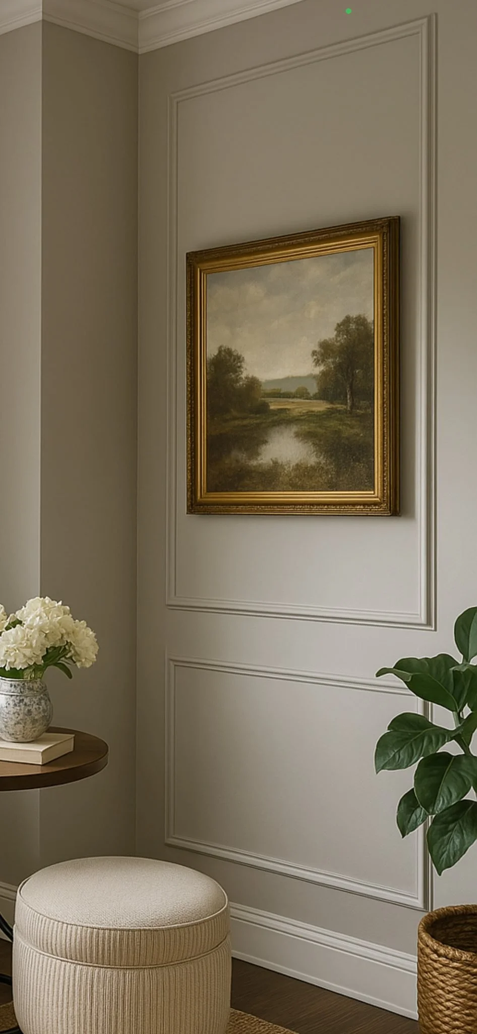 A corner of a room with a beige upholstered ottoman, a side table with a silver vase of white flowers, a framed landscape painting, and a green potted plant. Camp Renovation and Design in Columbus, Ohio.