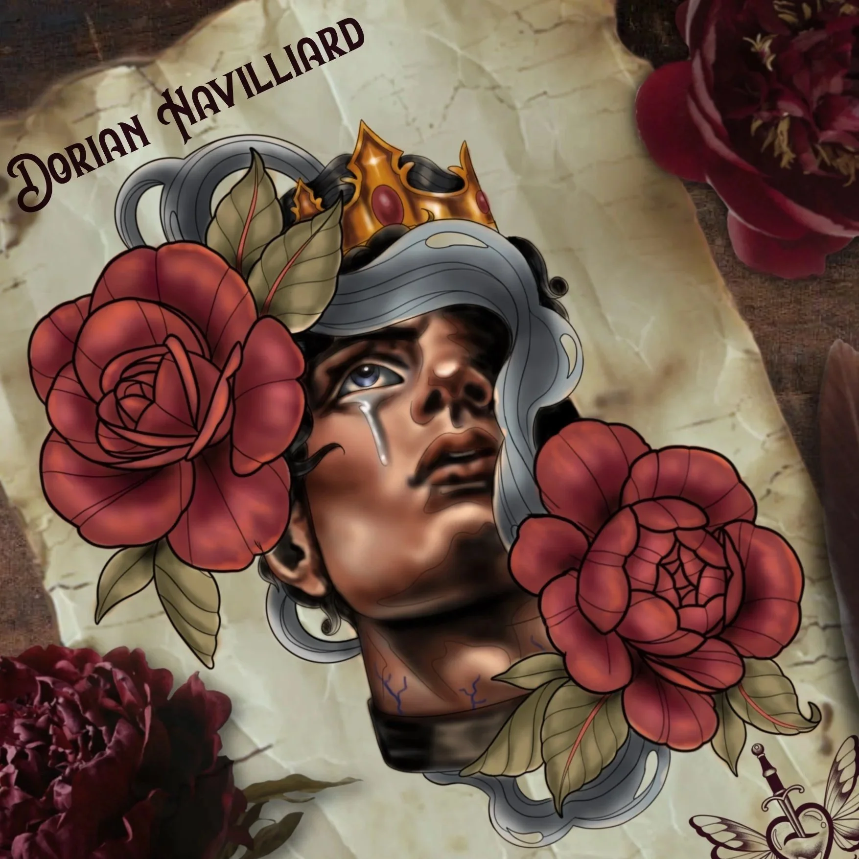 Digital illustration of a man with black hair, wearing a crown, with tears streaming from one eye, surrounded by red roses, a butterfly, and a sword symbol. The name 'Dorian Navilliard' is written on the top left.