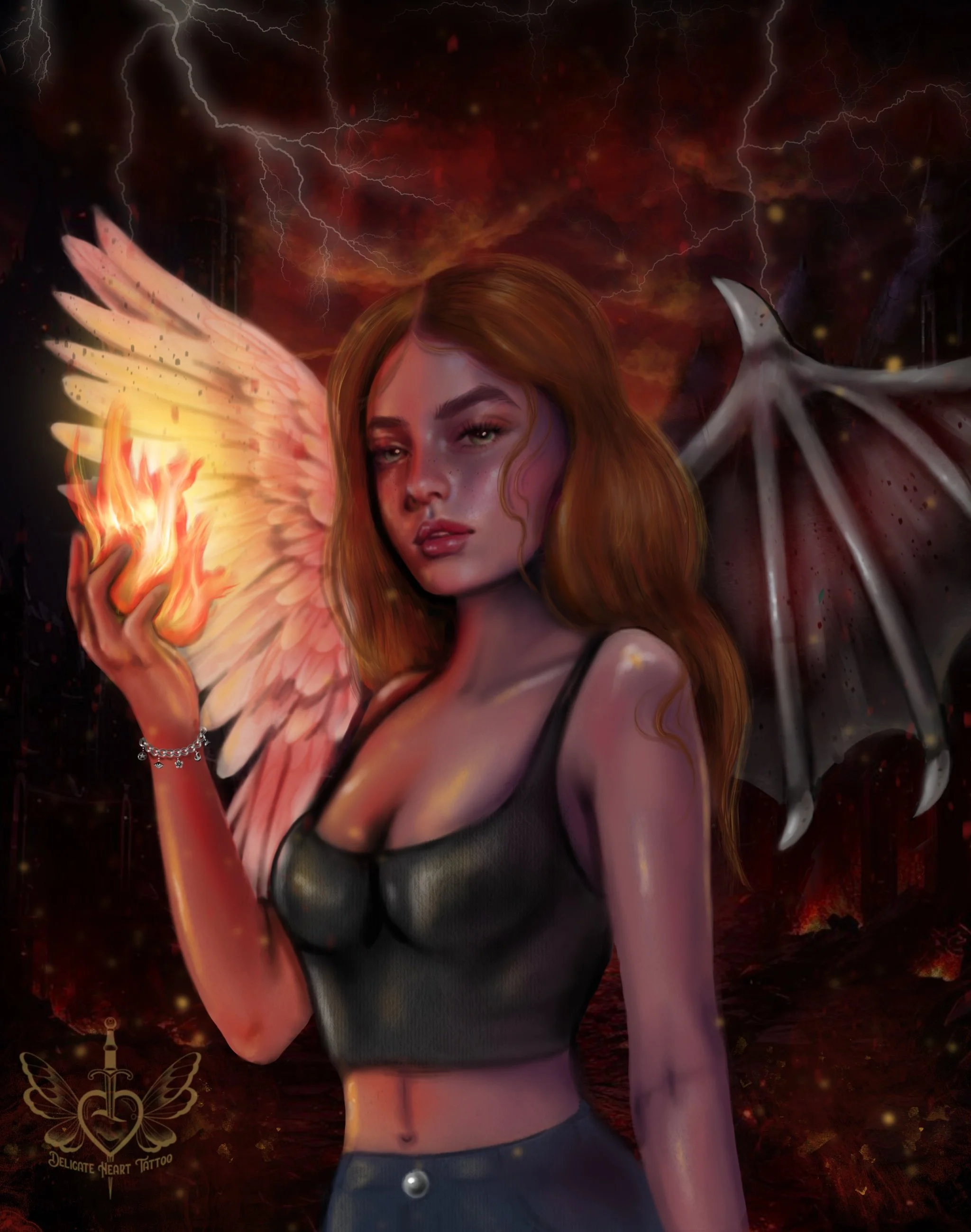 Digital artwork of a young woman with fiery red hair, black tank top, holding fire in her hand, with angel wings on her left and a demon wing on her right, set against a fiery stormy background.