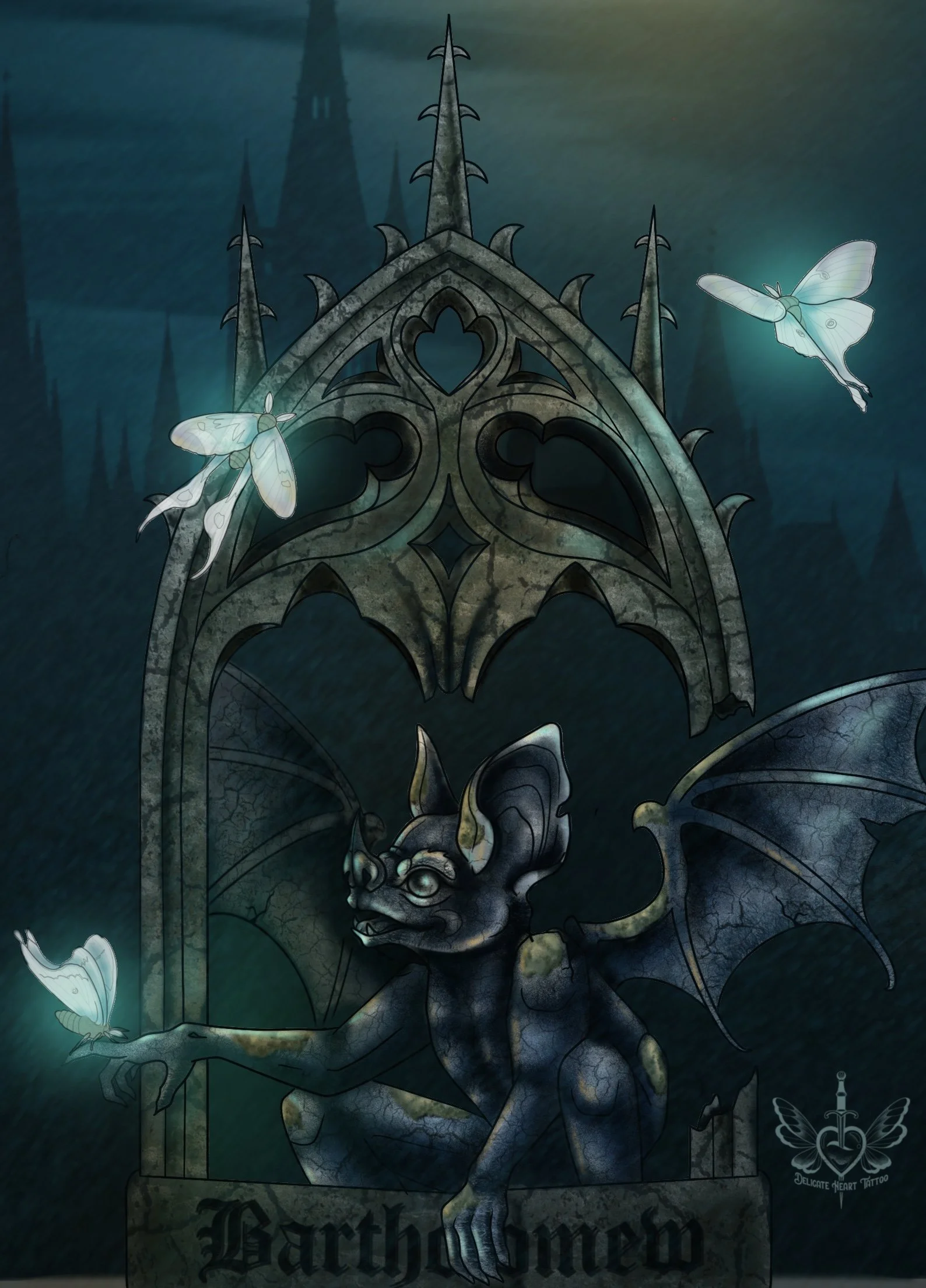 A dark, gothic-style illustration depicting a creature with bat-like wings, large ears, and glowing eyes, sitting beneath an arched, spiky gothic window. The creature is holding a glowing moth in its hand, and another moth flies nearby. The background features a misty, ominous landscape with tall, shadowed structures.