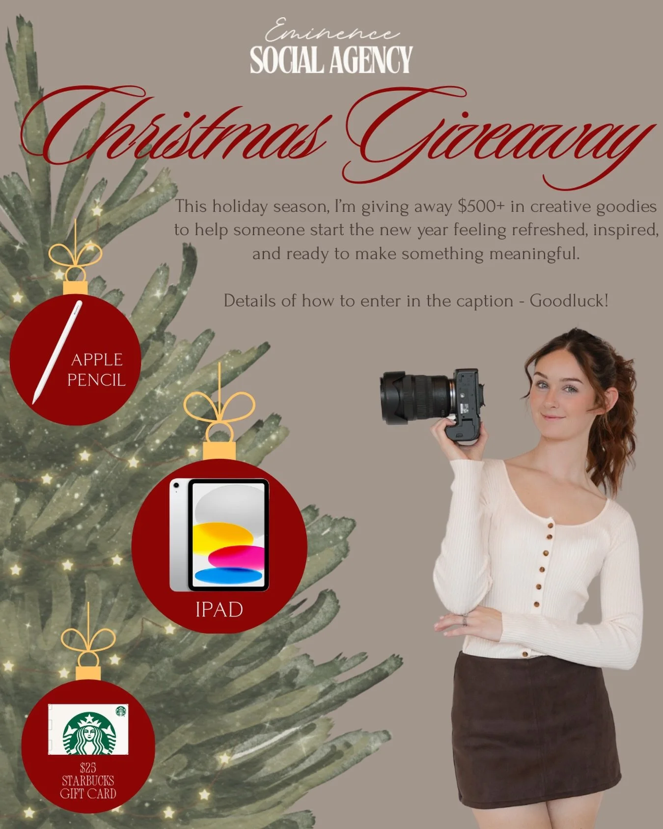 CHRISTMAS GIVEAWAY 🎄✨

As a little thank-you for all the love + support this year, I&rsquo;m spreading some holiday magic ✨ One lucky winner will receive:

✨ iPad
✨ Apple Pencil
✨ $25 Starbucks Gift Card

The giveaway is officially live now through 