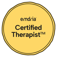 Emdira Certified Therapist badge with a yellow background and black border.