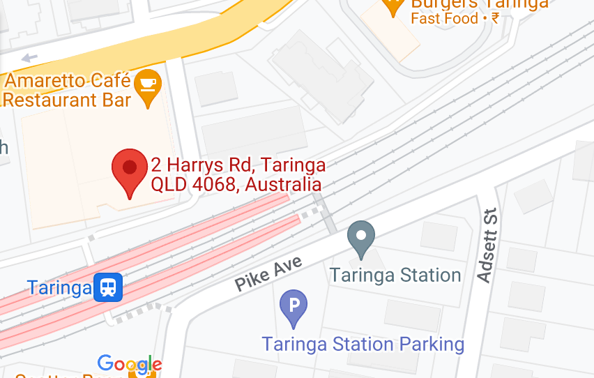 Map showing 2 Harrys Rd, Taringa, Australia, with nearby landmarks including Taringa Station.