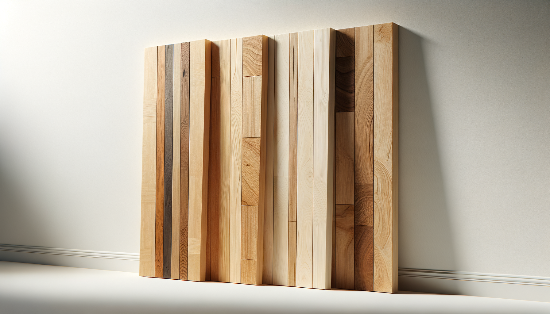 Decorative wall composed of vertical wooden planks with varying natural wood tones mounted on a white wall.