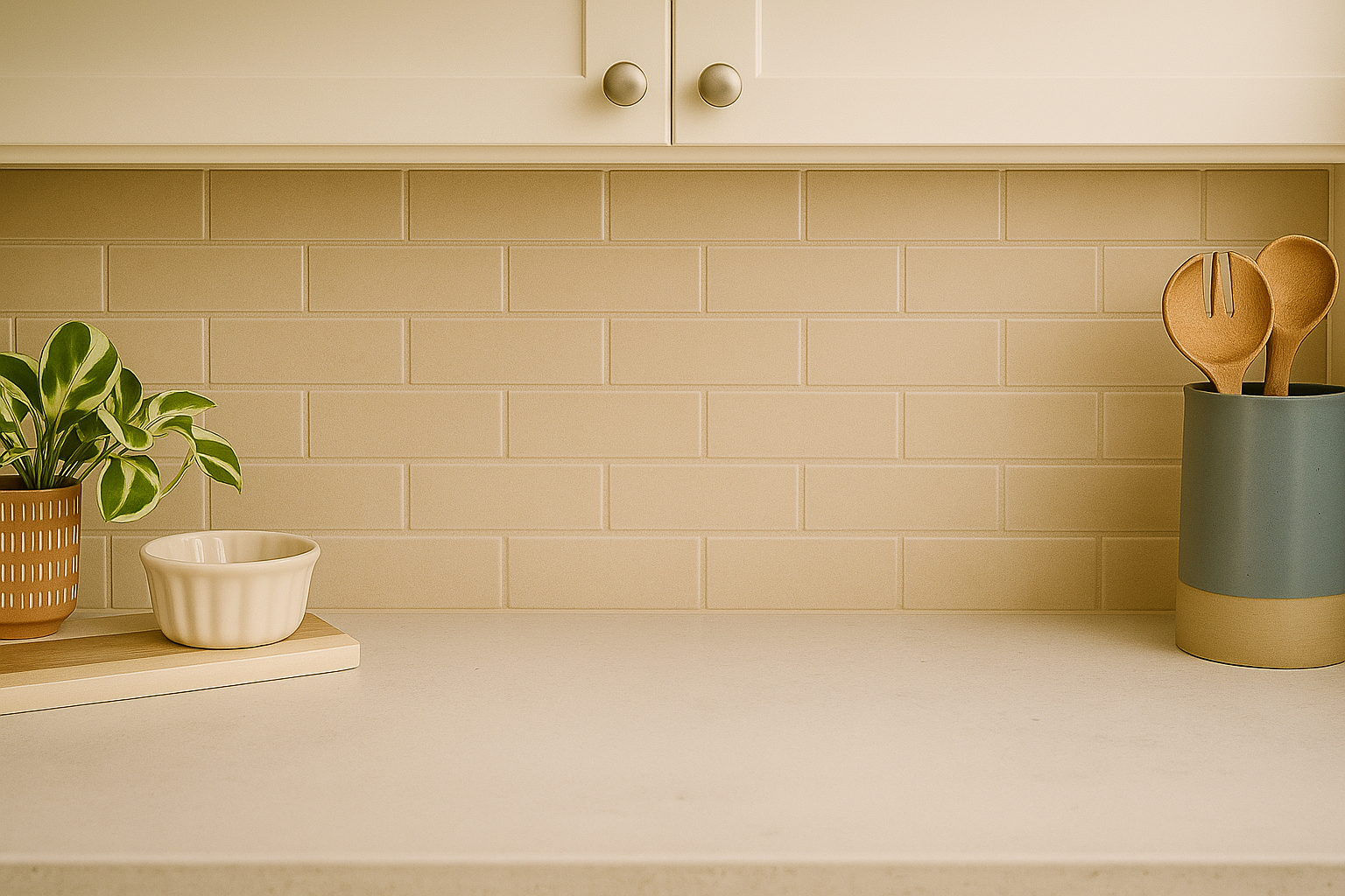 Minimalist kitchen countertop with a potted plant, a small bowl, and wooden kitchen utensils in a ceramic holder, against a beige subway tile backsplash.