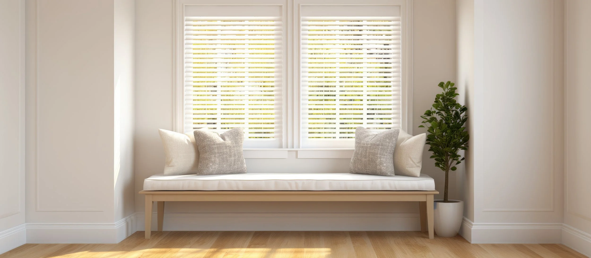 Sunlit window seat with cushions and a potted plant in a bright, minimalist room with wooden floors and white walls.